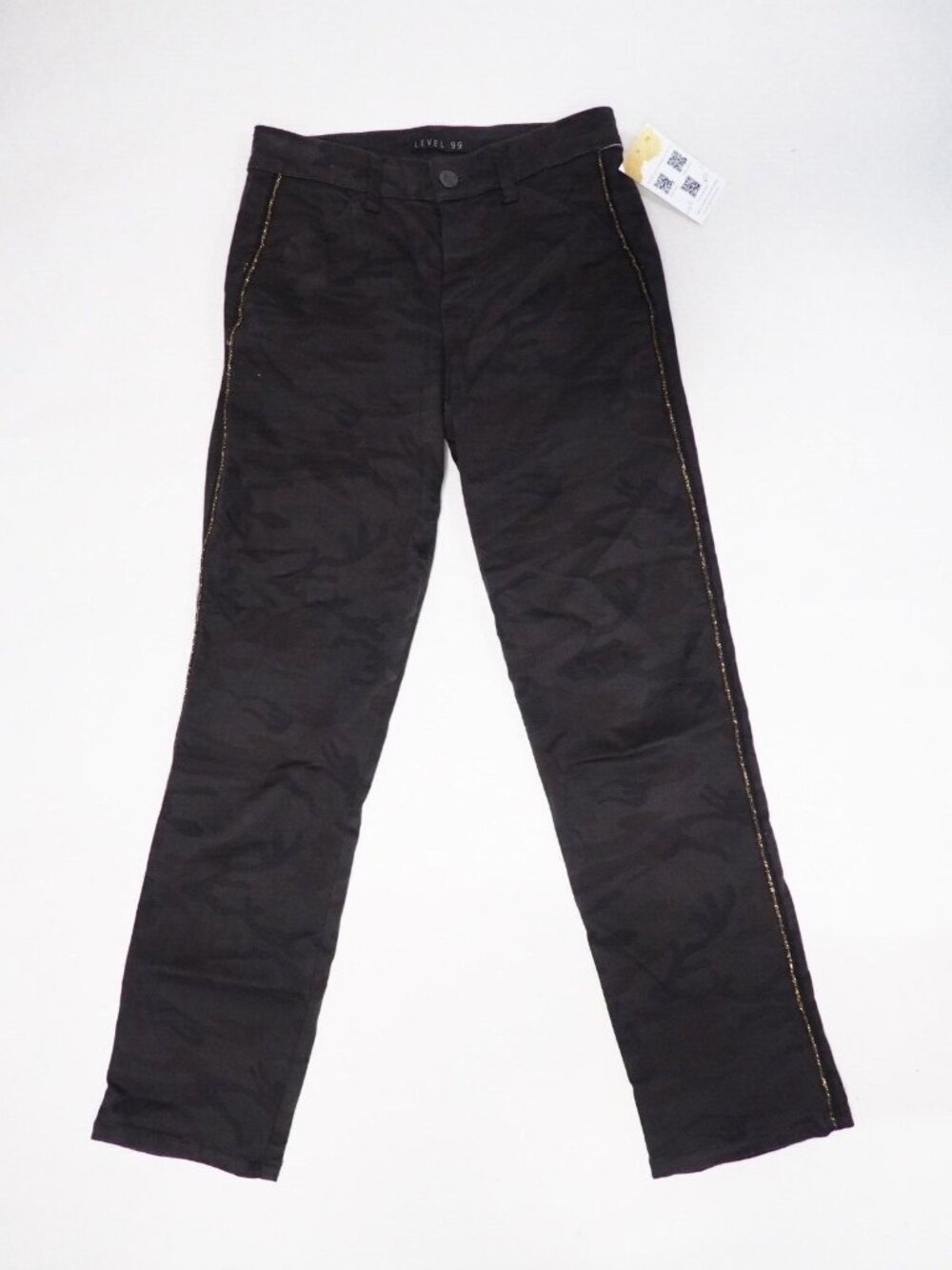 Level 99 Dark Midnight Camo Skinny Jeans W/ Metallic Stripe Down Leg, Size 25